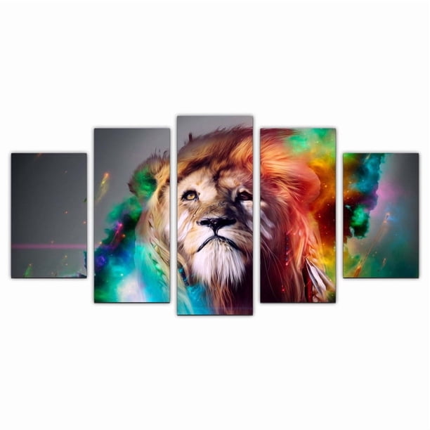 Cuadro Decorativo León Arte Digital Colores Juego De 5 Piezas 150x80cm Ideal Para Sala Oficina Decoración Moderna