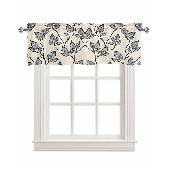 Beige Black Leaves Kitchen Valances for Windows Farmhouse Linen Window Valance Curtain for Living Room Window Treatment Rustic Retro Botanical Branches Valance Rod Pocket Topper Drape, 60 x 18 Inch