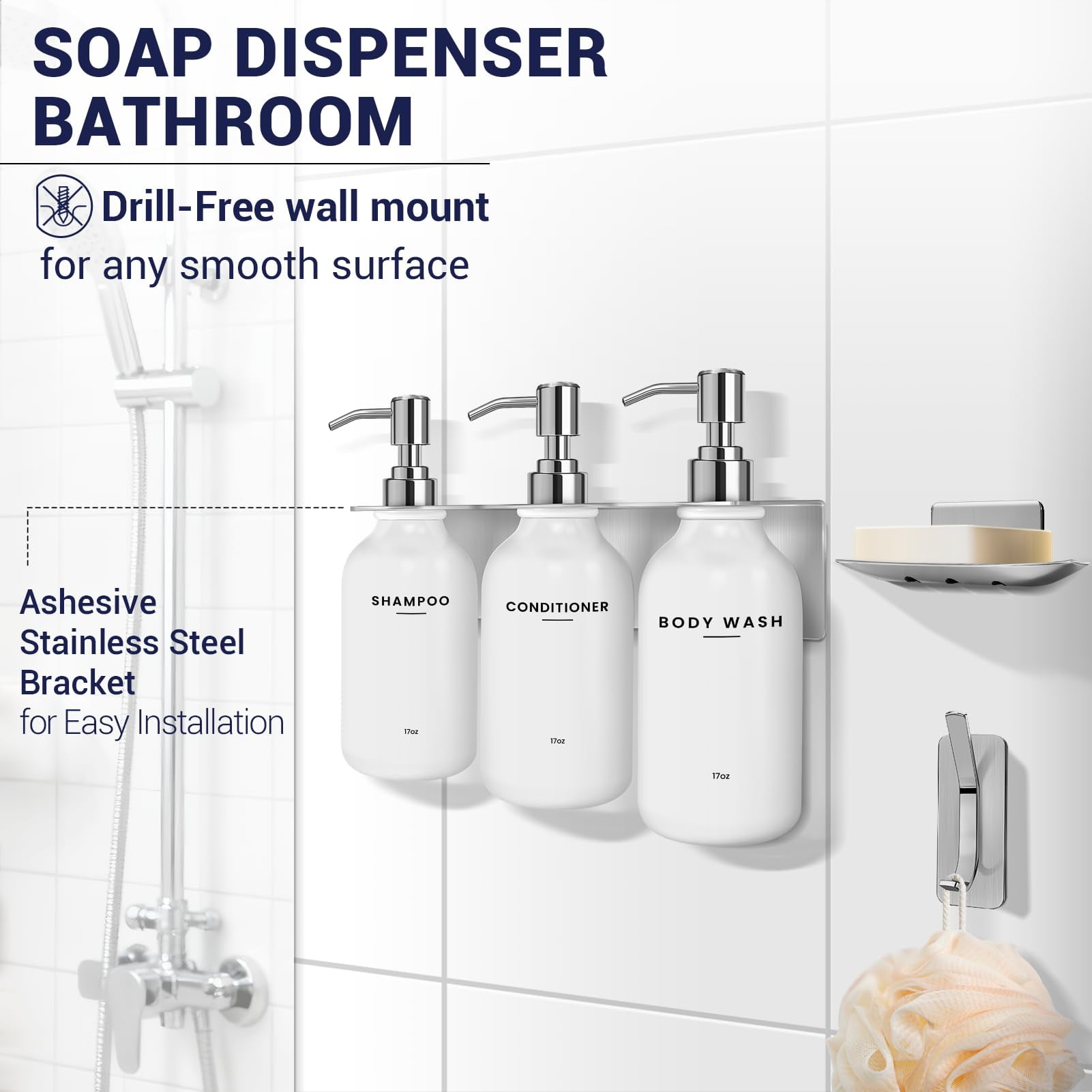Shampoo and Conditioner Dispenser - Shower Soap Dispenser Wall Mounted - 17 fl oz Set of 3 Silver Plastic Bottles Black Pump - Shampoo Dispenser, Shower Dispenser