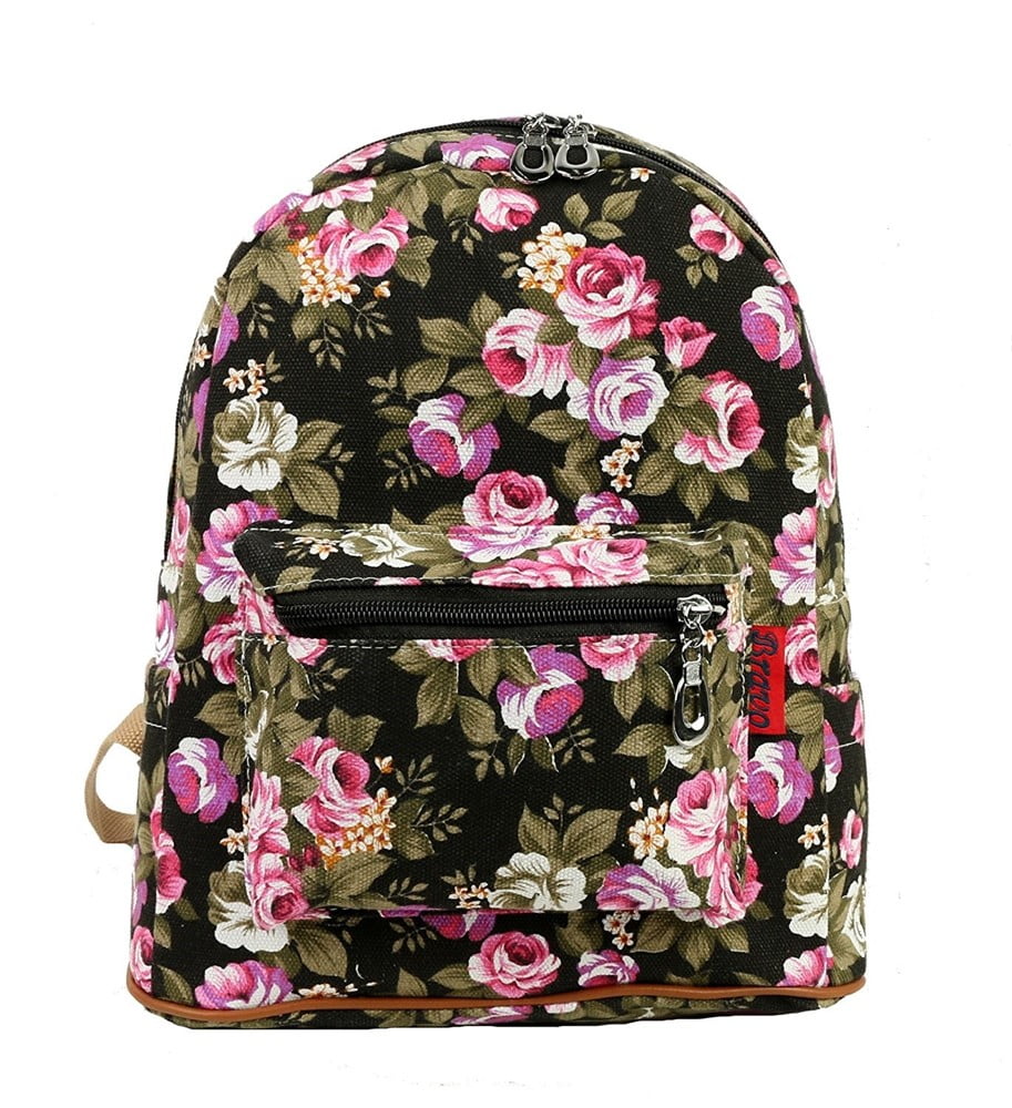 Rose Flower PU Leather Backpack Black Women Girls Vintage Black Teen School Bag 
