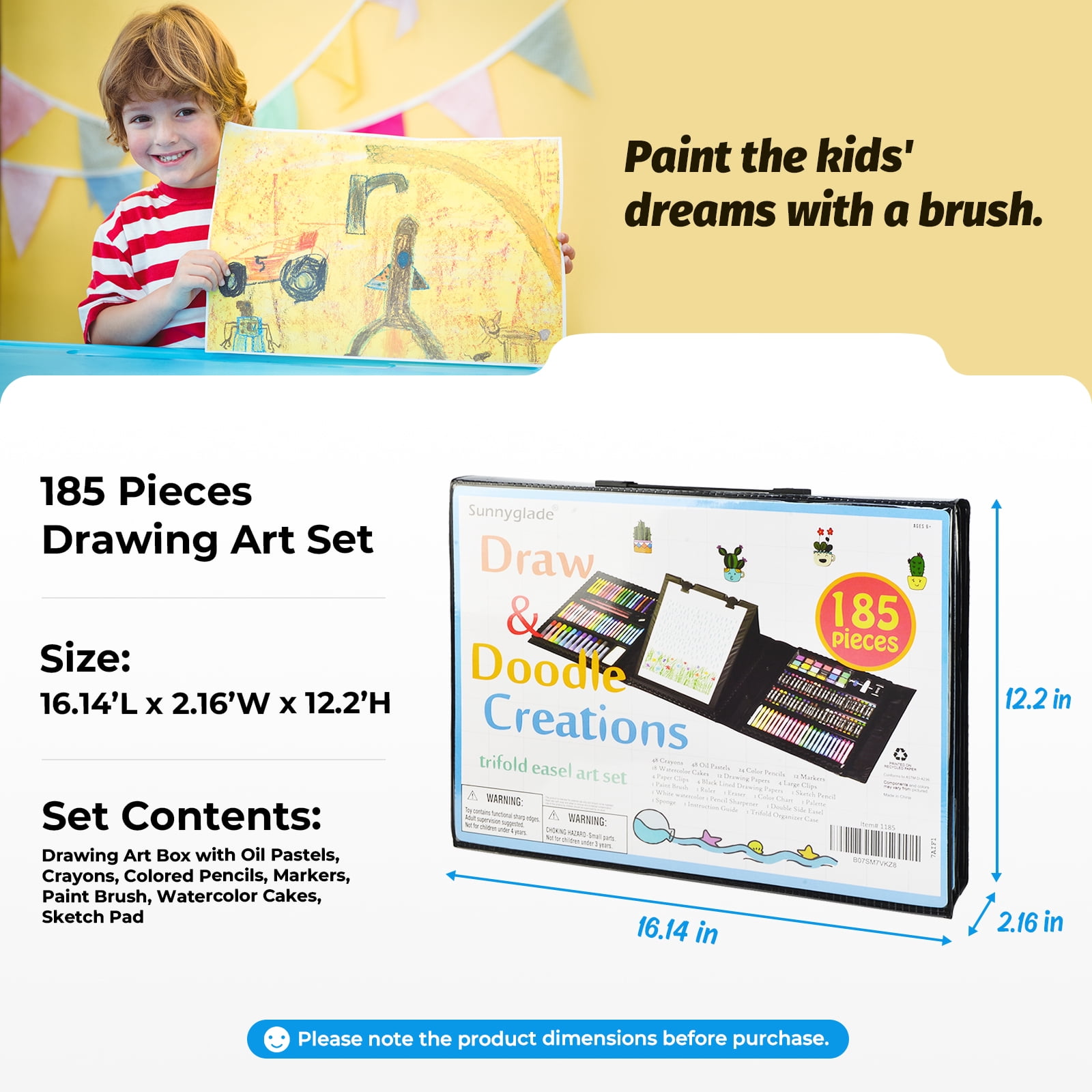 Bibana 185 Pieces Drawing Art Set，Double Sided Trifold Easel Art Box with Oil Pastels, Crayons, Colored Pencils, Markers, Paint Brush, Watercolor Cakes, Sketch Pad (Black Art Supplies)