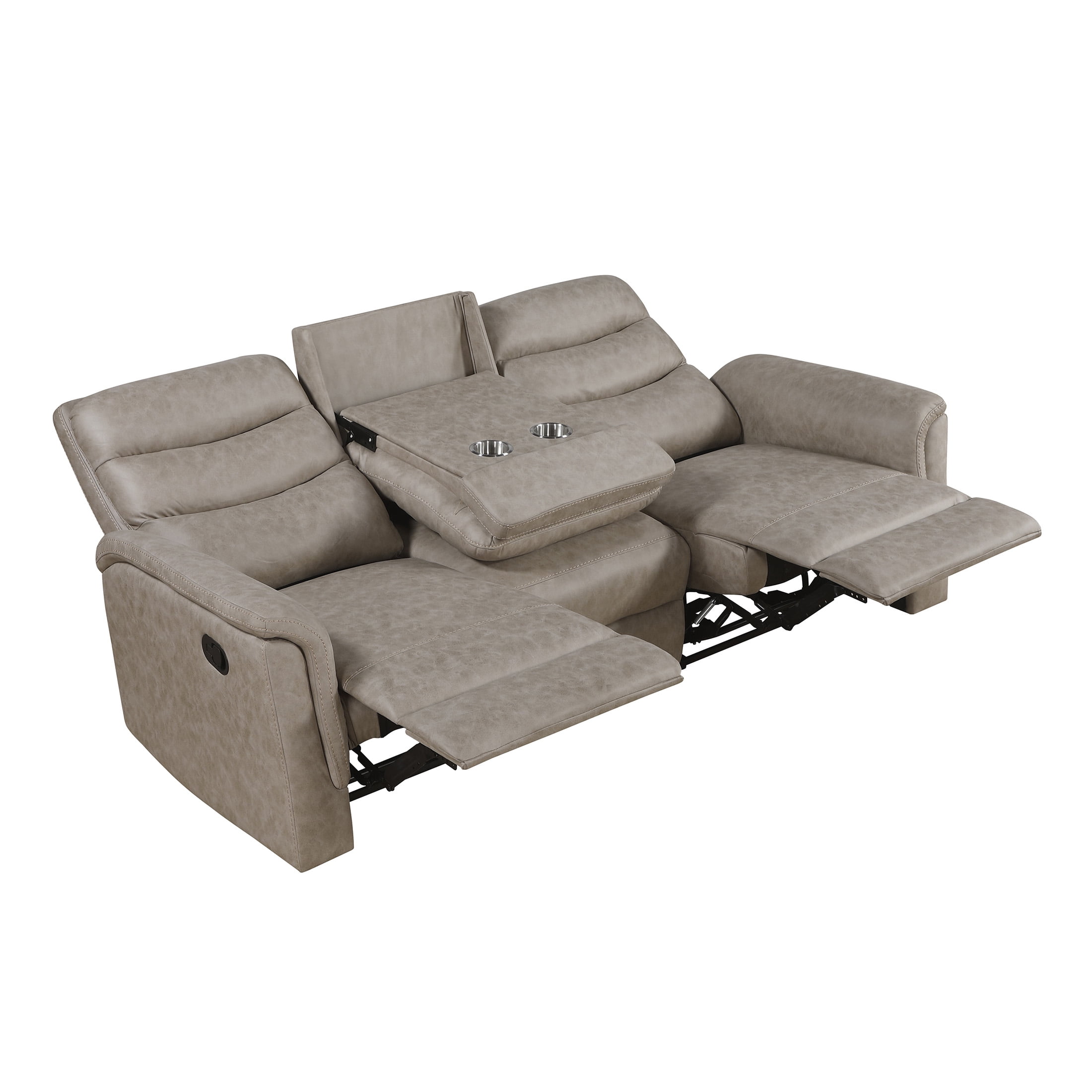 OakvillePark Solstice Microfiber Manual Double Reclining Sofa with Drop-down Cup Holders, Taupe