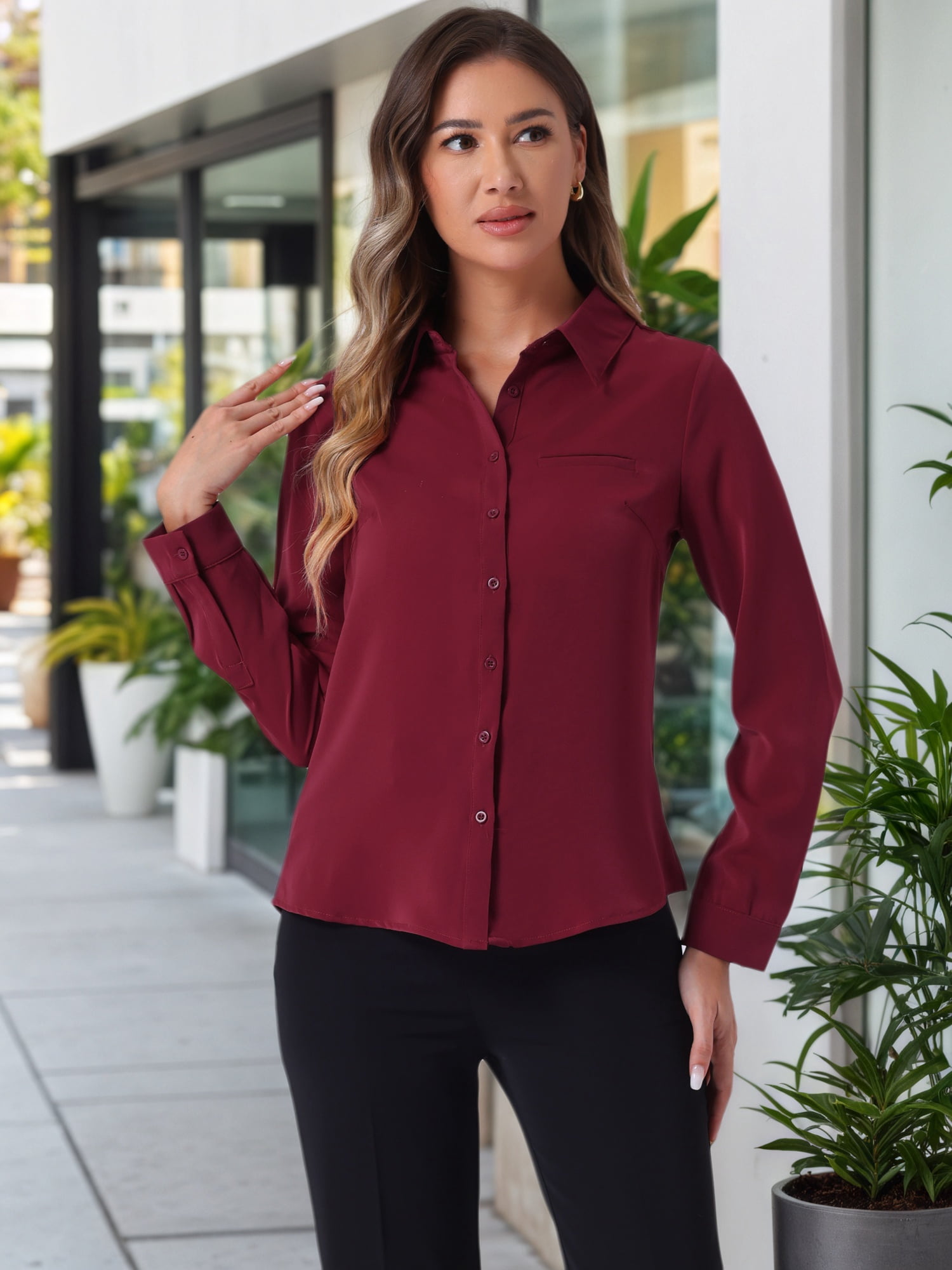 DARING DIVA Women's Color Block Button Down Long Sleeve Work Shirt M Solid Wine Red