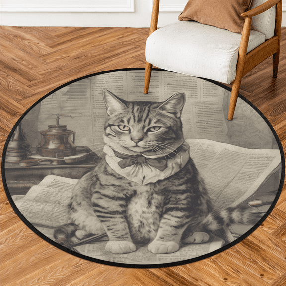CURLYOOT Round Rug 3ft Vintage Cat Area Rug, Washable Circle Mat Non Slip Floor Carpet Mat, Soft Indoor Rugs for Entryway Living Room Dining Room Bedroom