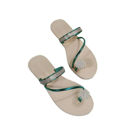 

Lacyhop Womens Flip Flops Rhinestone Flat Sandals Summer Fashion Slippers Beach Casual Thong Sandal Lightweight Comfort Slides Green 6.5