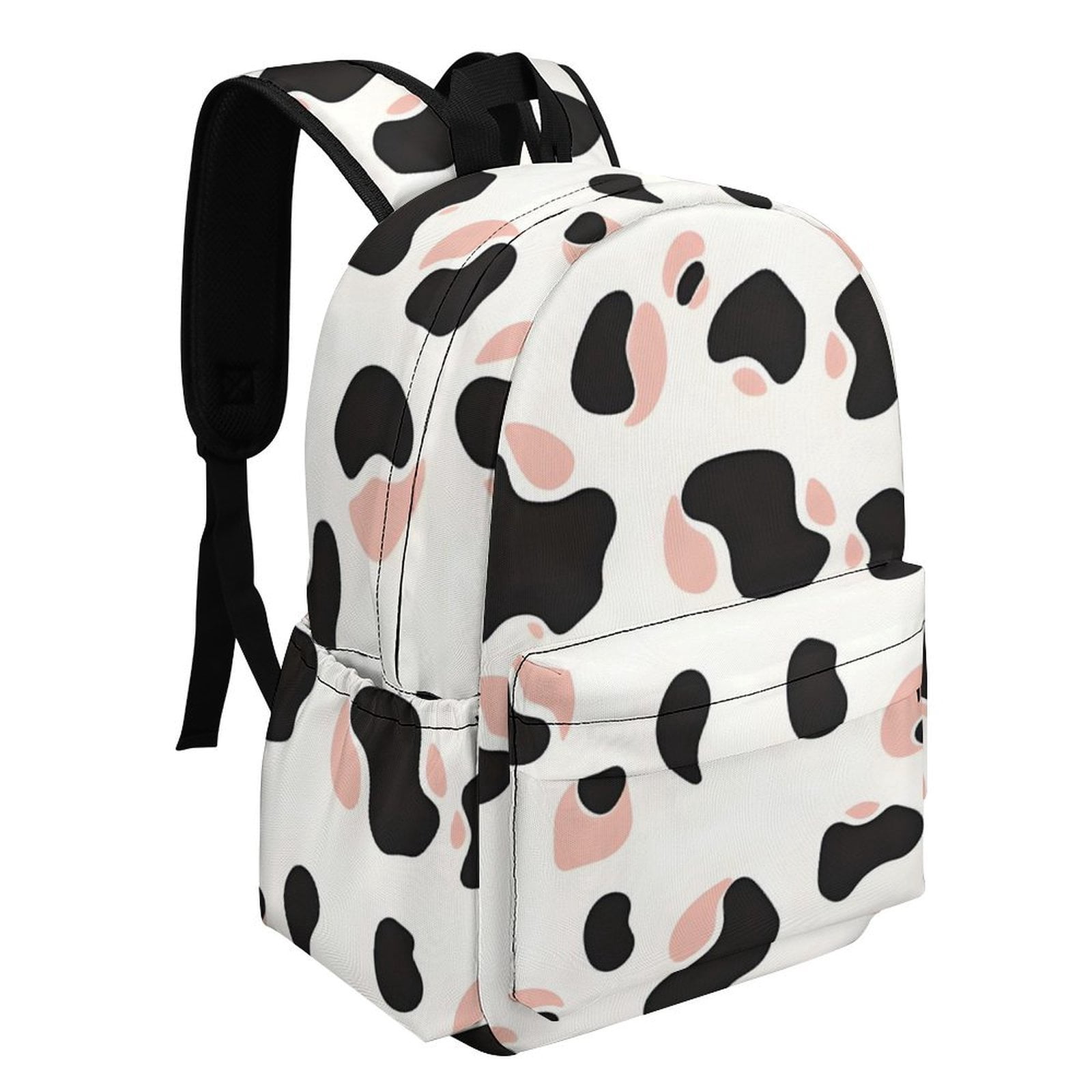 Large Capacity Half Print Backpack 11.8×16.5×5.9in Multifunctional Zipper Design Convenient Switch Simple Cow Print Pattern White Background, Pink And White_2