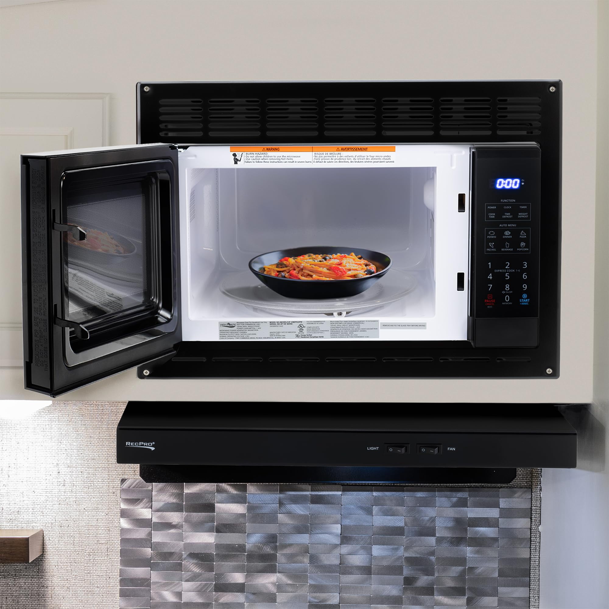 RecPro High Pointe Built-in Black Microwave | 0.9 Cu. Ft. | 6 Cook Modes | Child Lock | Touch Pad Controls | Mute Mode