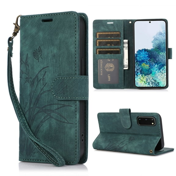 Nalacover Slim Wallet Case for Samsung Galaxy S20, for Women Men, Embossed Pattern PU Leather Shockproof Magnetic Clasp Credit Card Slots Flip Kickstand Phone Case Wrist Strap,Green