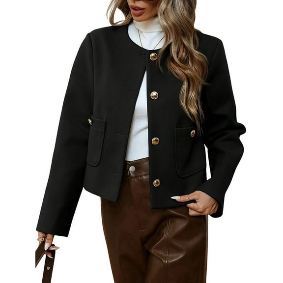 Women Cropped Blazer Jacket Collarless Button Down Business Casual Fall Outfits Winter Coats Black S
