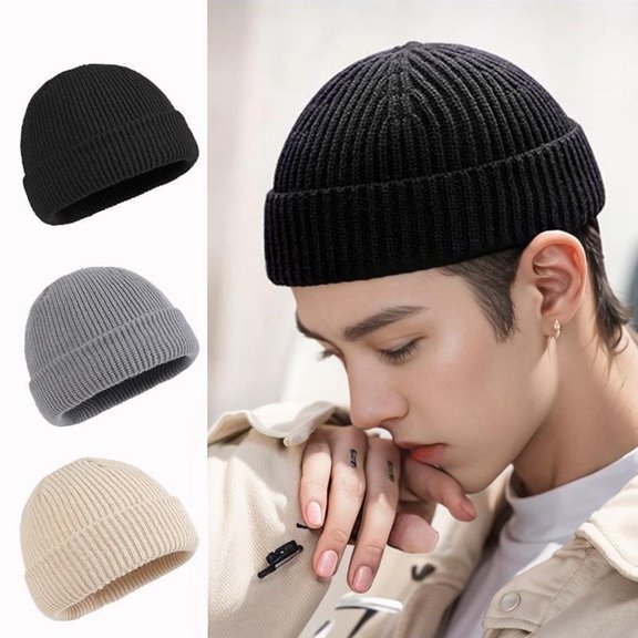 Hadanceo Winter Knitted Beanie Hat Casual Flanging Stretch Soft Warm Solid Color Autumn Winter Outdoor Skiing Cycling Women Men Unisex Skull Cap