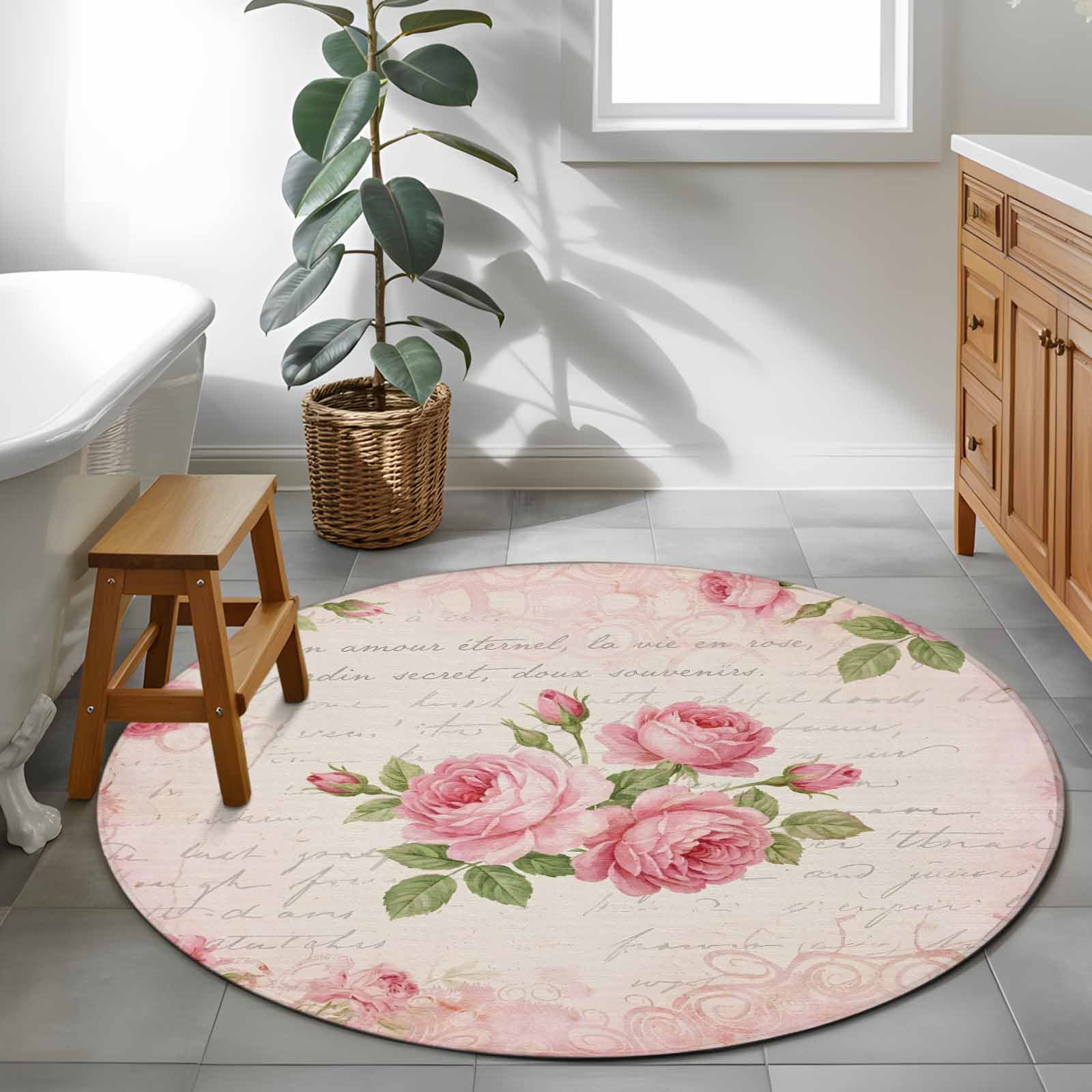 Botanical Roses Round Rug 4ft Washable Circle Entryway Rugs Non