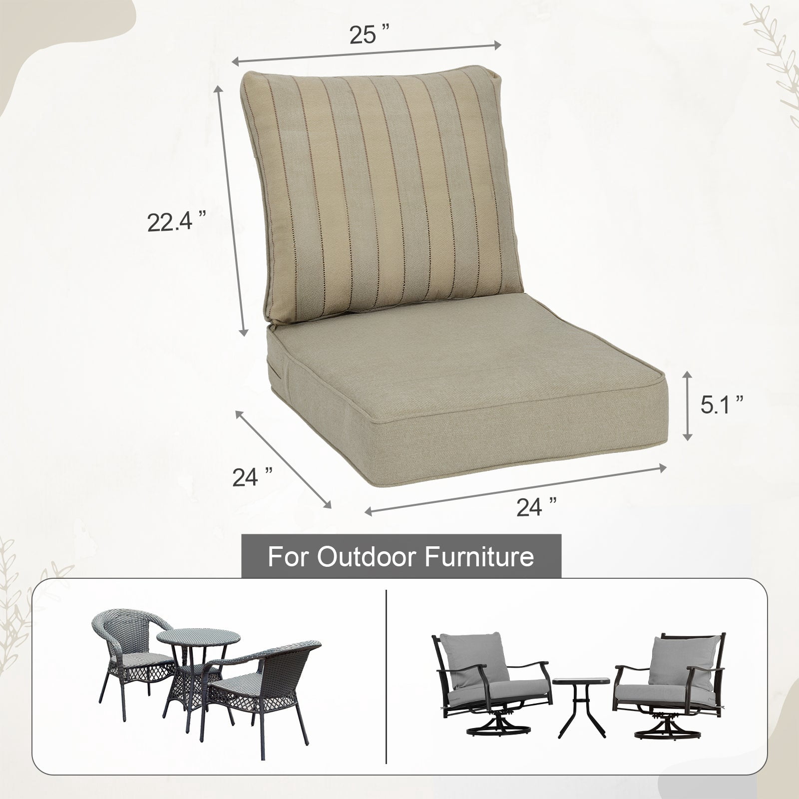 BPS 24x24x5 inch Outdoor Deep Seat Cushion, Water-Resistant Patio Furniture Cushions for Outdoor Chairs, Sofa, Couch, 2-Piece, Brown Striped