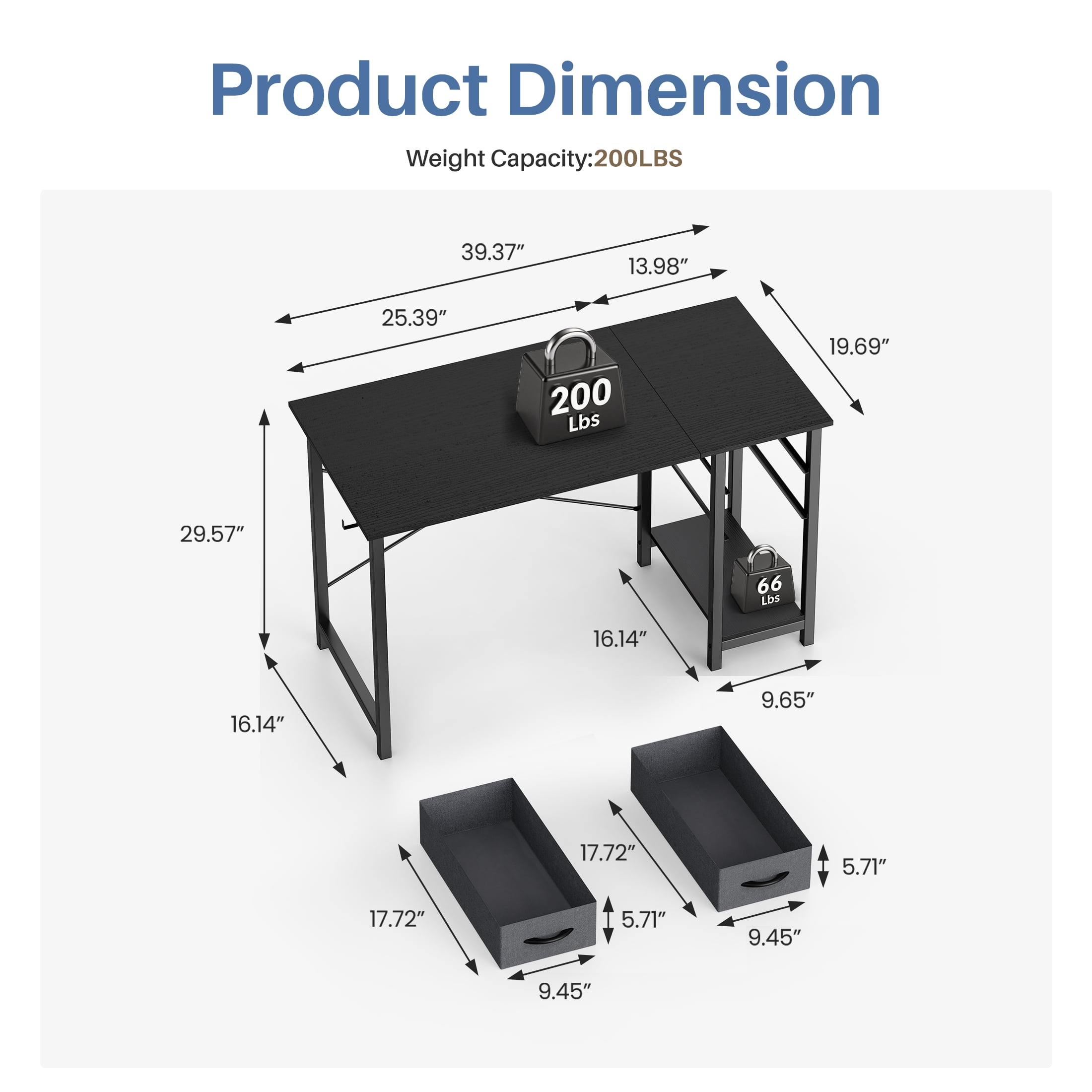 CONCETTA 40in Small Computer Desk with 2 Drawers, Writing Work Study Computer Desk, Side Headphone Hook, Modern Style for Home Bedroom, Black Wood
