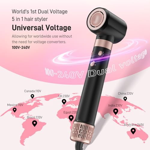 5 in 1 Dual Voltage Hot Air Styler, Professional Hair Dryer Brush for Fast Drying, Curling, Straightening & Volumizing Low Heat Damage, Negative Ions