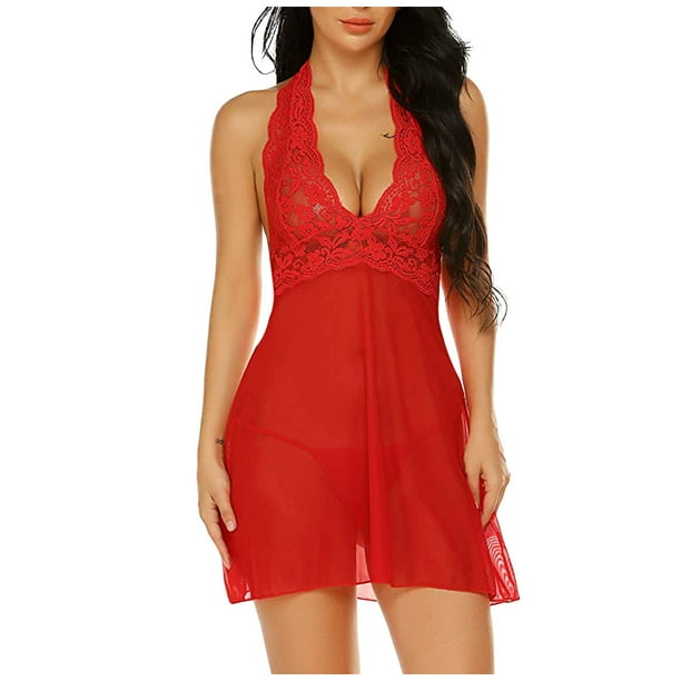 Conjunto de lencería sexy Gibobby para mujer Camisón Pijama Encaje Sling ropa interior Íntima rojo L