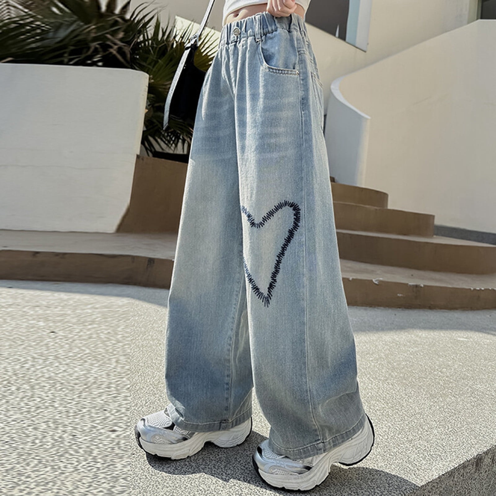 Kids Girls Jeans Size 8 Fashion Cute Embroidered Pants Elastic Waist Wide Leg Jeans Loose Casual Demin Pants With Pockets Blue,10-11 Years