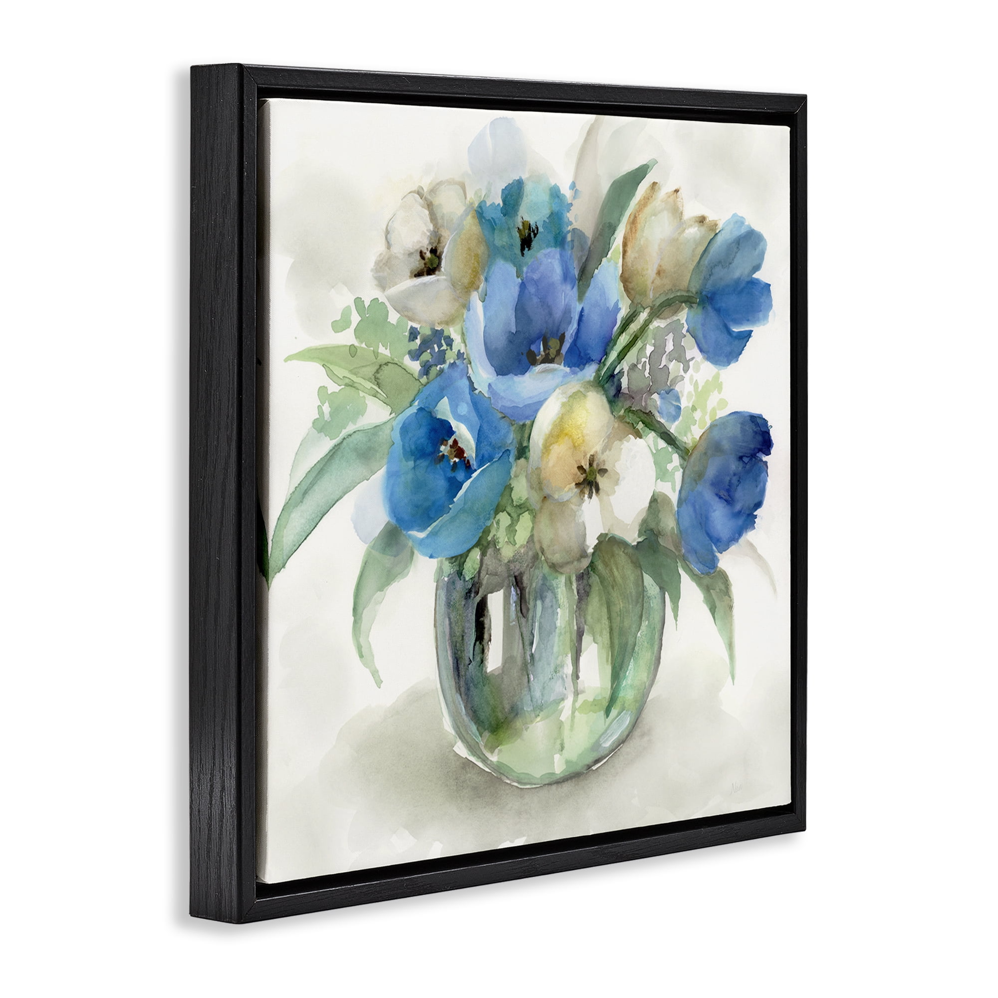 Stupell Industries Blue Tulip Watercolor Bouquet Black Framed Floater Canvas Wall Art, design by Nan