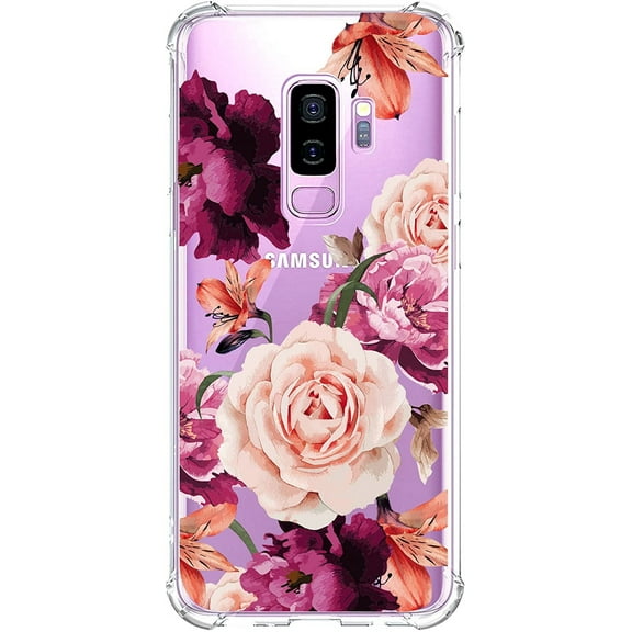 Galaxy S9 Plus Case for Girls Clear with Red Flower Pattern Design Shockproof Protective Cute Floral Back Cover for Samsung Galaxy S9 Plus 6.2 Inch Women Flexible Slim Fit Soft Cell Phone Cases