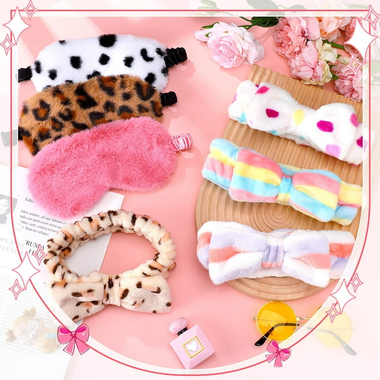  24 Pcs Sleepover Party Favors for Girls, Includes 12 Black Spa  Party Supplies Headband and 12 Funny Sleep Silk Eye Mask, Plush Bow Hair  Band Blackout Eye Mask for Washing