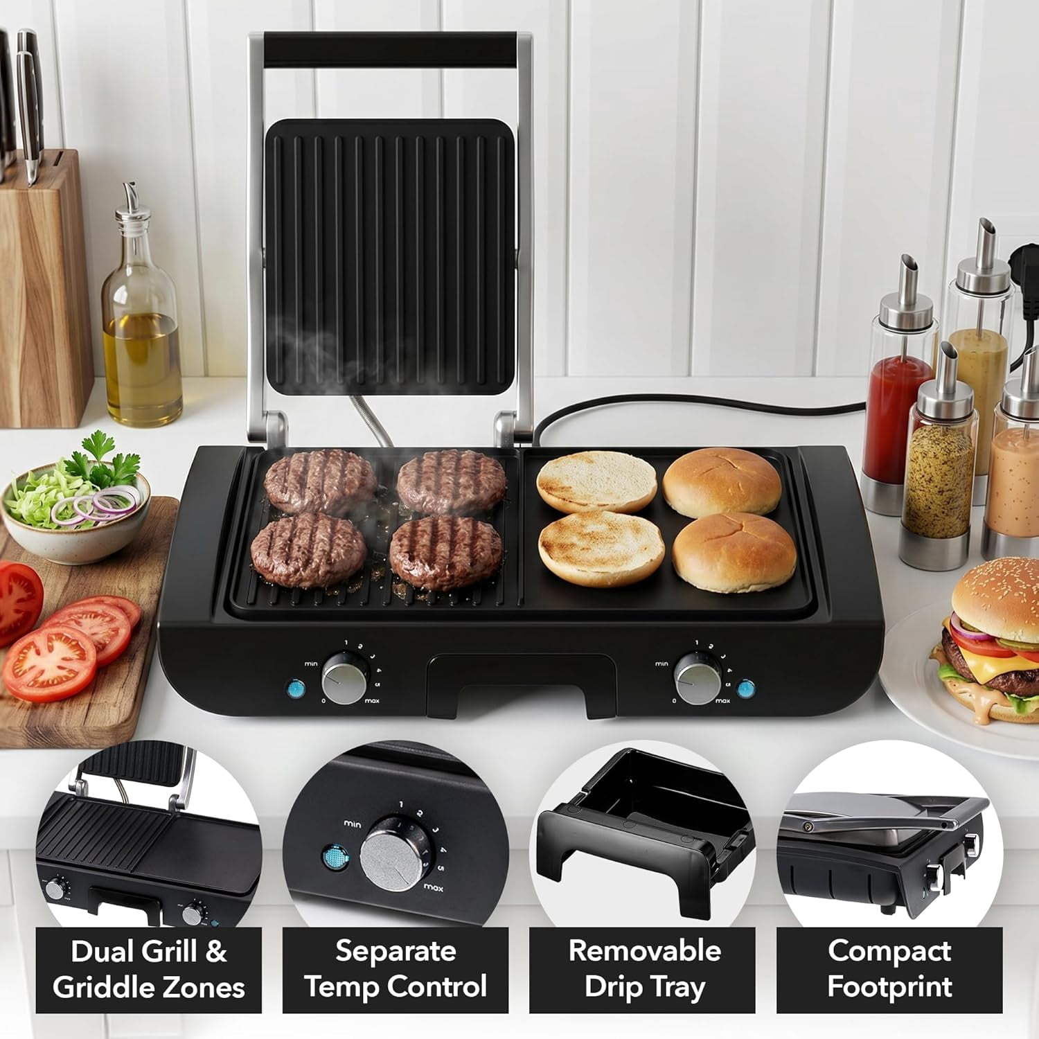 OVENTE Electric 2 in 1 Indoor Grill + Griddle Combo, 1500W, Black GDG222B | Dual Independent Cooking Zones, Adjustable Temperature with Separate Knobs, Nonstick Plates and Removable Drip Tray