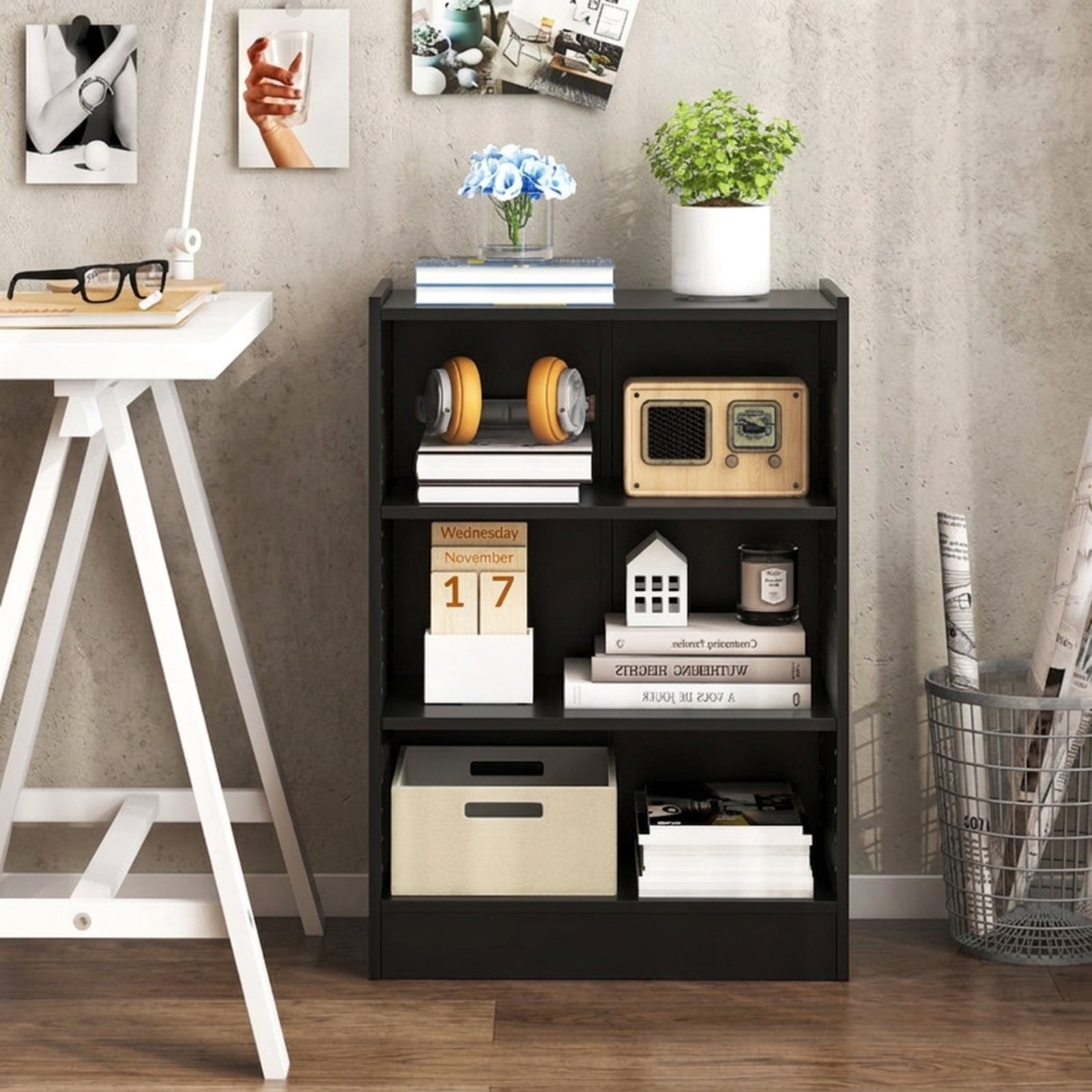 Furnibear 3-Tier Open Display Bookcase with 18-Position Adjustable Shelves Raised Cabinet Top and Anti-Toppling Device for Home Office, Black
