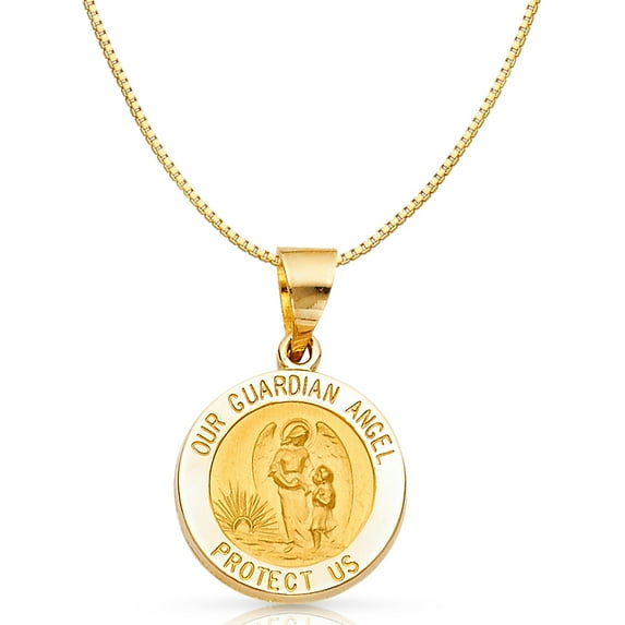14K Yellow Solid Gold Religious Our Guardian Angel Charm Pendant with 1mm Box Chain Necklace - 24"