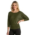 thumbnail image 2 of 5574 Women's Solid T Luxe Rayon Boat Neck Dolman 3/4 Sleeve With Side Ruched Top Olive 3X, 2 of 4