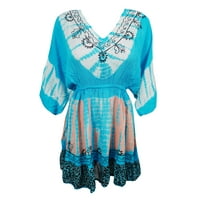 Mogul Bohemian Style Tie Dye Loose Mini Dress Embroidered Blue Summer Comfy Dresses