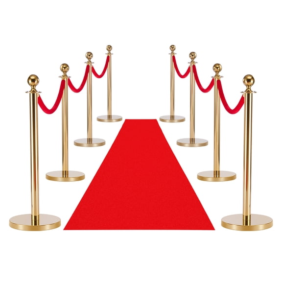 KFFKFF Stanchion Post Set, 8-Piece Crowd Control Barrier with Red Carpet, 6 Red Velvet Ropes, Stainless Steel Gold Posts with Hollow Base for Events, Parties, Weddings, and Exhibitions (Gold)