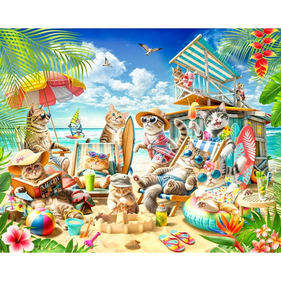 Cats on The Beach Jigsaw Puzzle 1000 Piece by VCC - Cool Cat Puzzles for Adults & Families - Large Interlocking Pieces - 30" x 24"