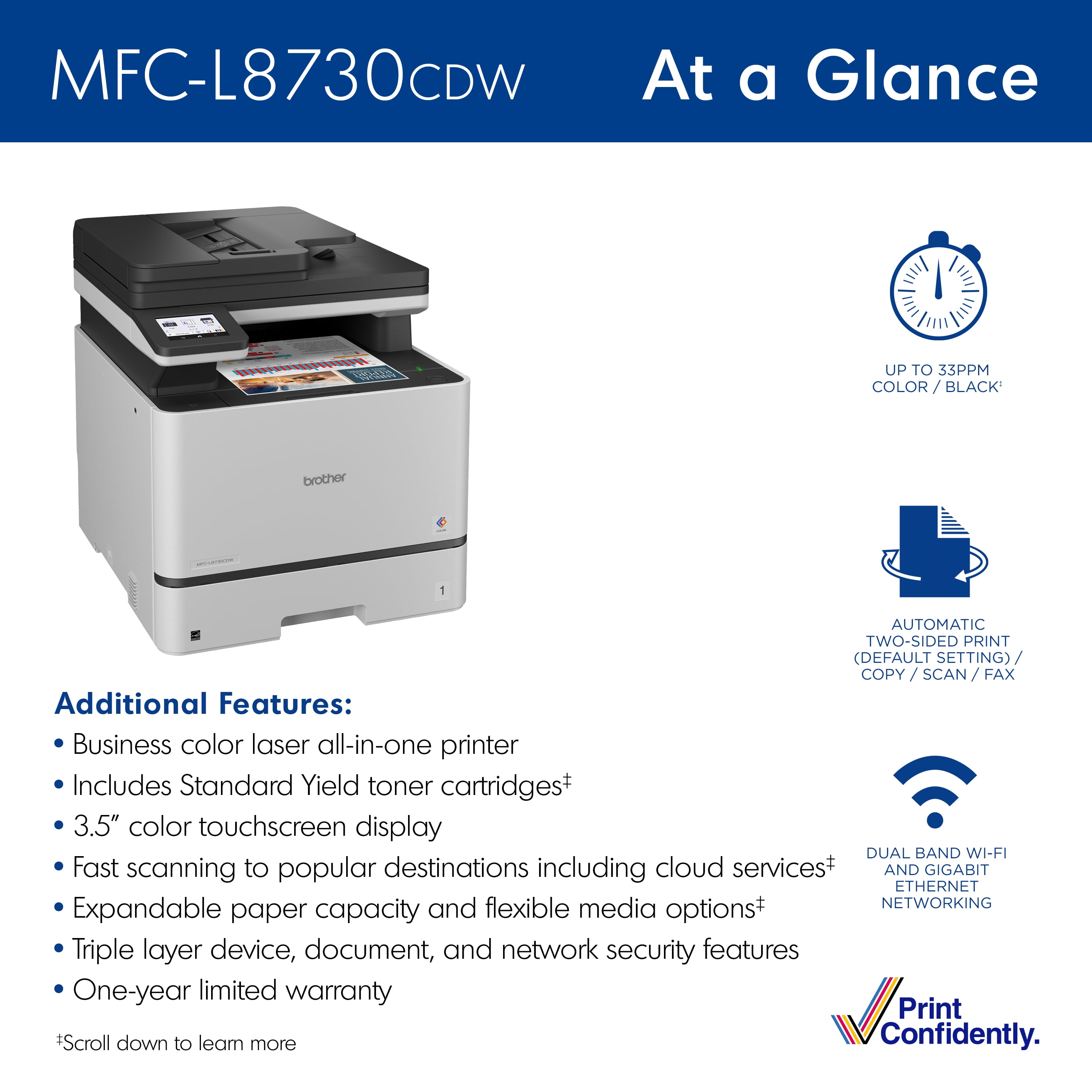Brother MFC-L8730CDW Business Color Laser All-in-One Printer with Duplex Print, Scan, Copy, Wireless Networking, and Advanced Security Features