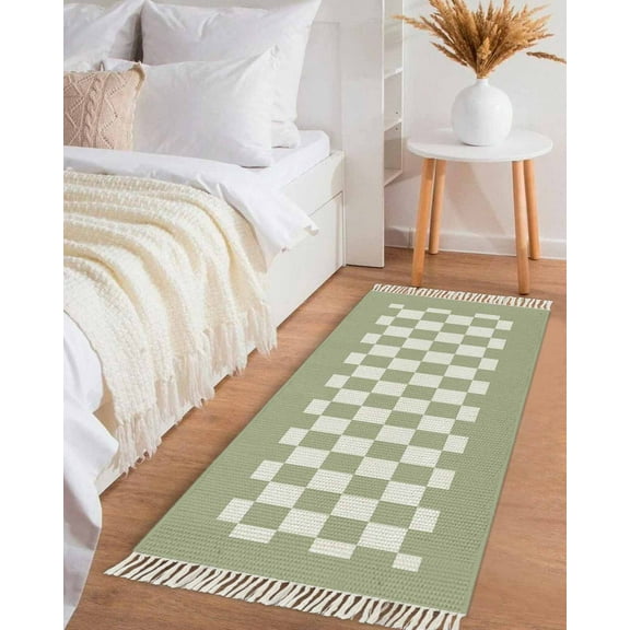 Sage Green Plaid Hallway Runner Rug 2x5ft,Farmhouse Green White Checkered Lace Washable Woven Living Room Bedroom Kitchen Bathroom Carpet with Tassels,Indoor Outdoor Throw Door Mat for Entryway