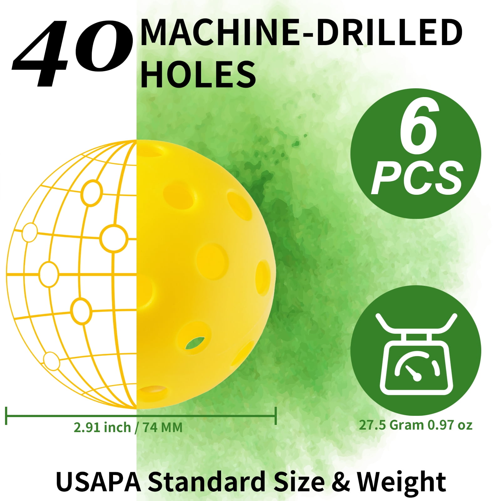 Lockways 6-Pack Pickleball Balls – 40-Hole Indoor/Outdoor with Bag, Balanced High Bounce, for Tournament Play