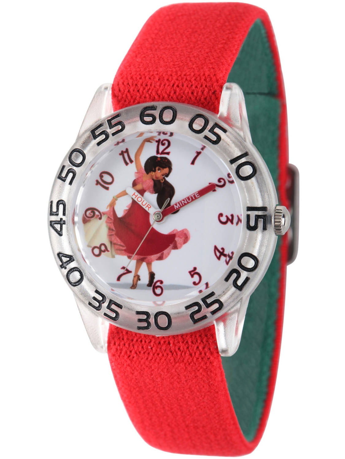 Elena of Avalor, Elena Girls' Clear Plastic Time Teacher Watch, Reversible Red and Green Nylon Strap