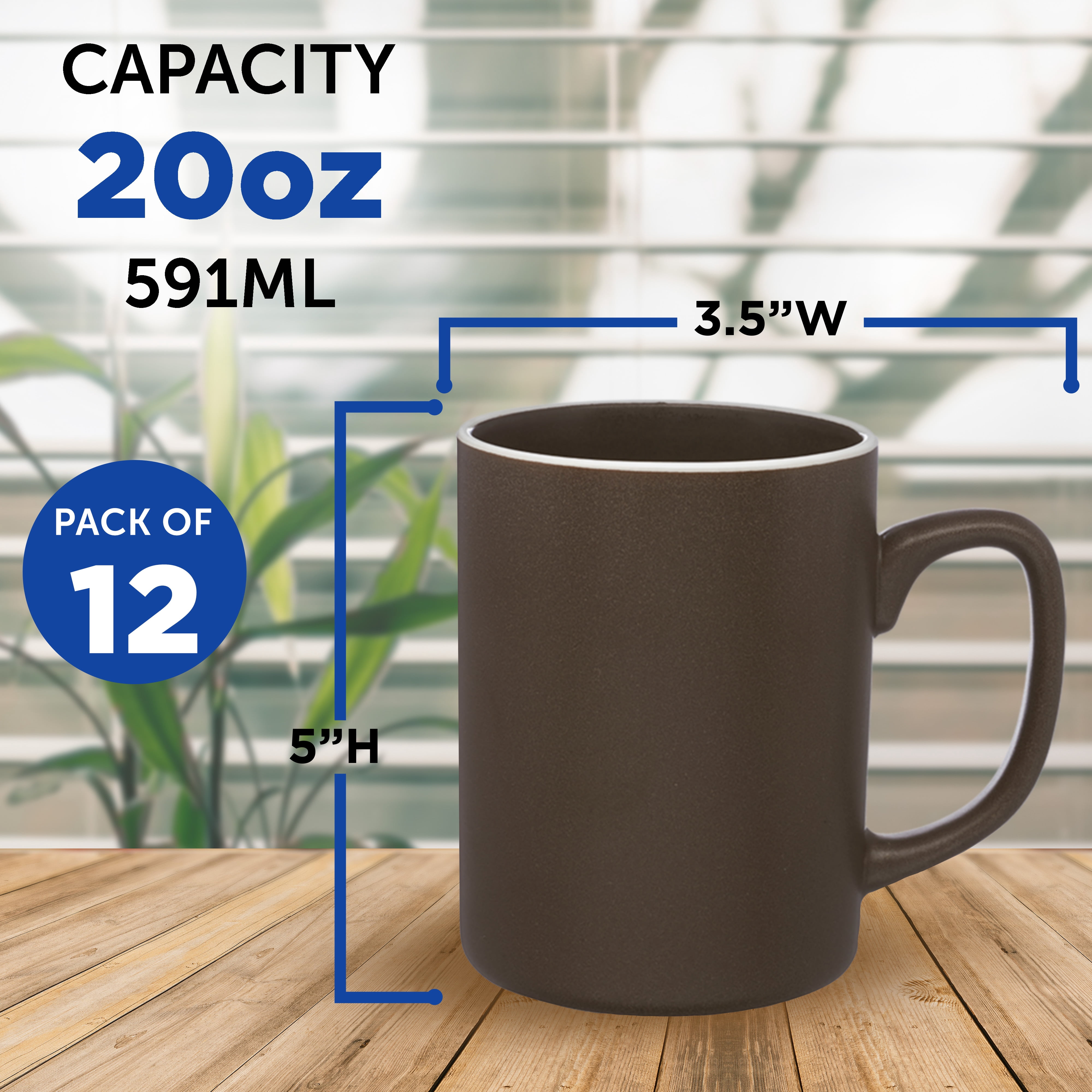 El Grande Matte Ceramic Mugs 20 oz. Set of 12, Bulk Pack - Perfect for Tea, Espresso, Cappuccino, Hot Cocoa - Dark Brown