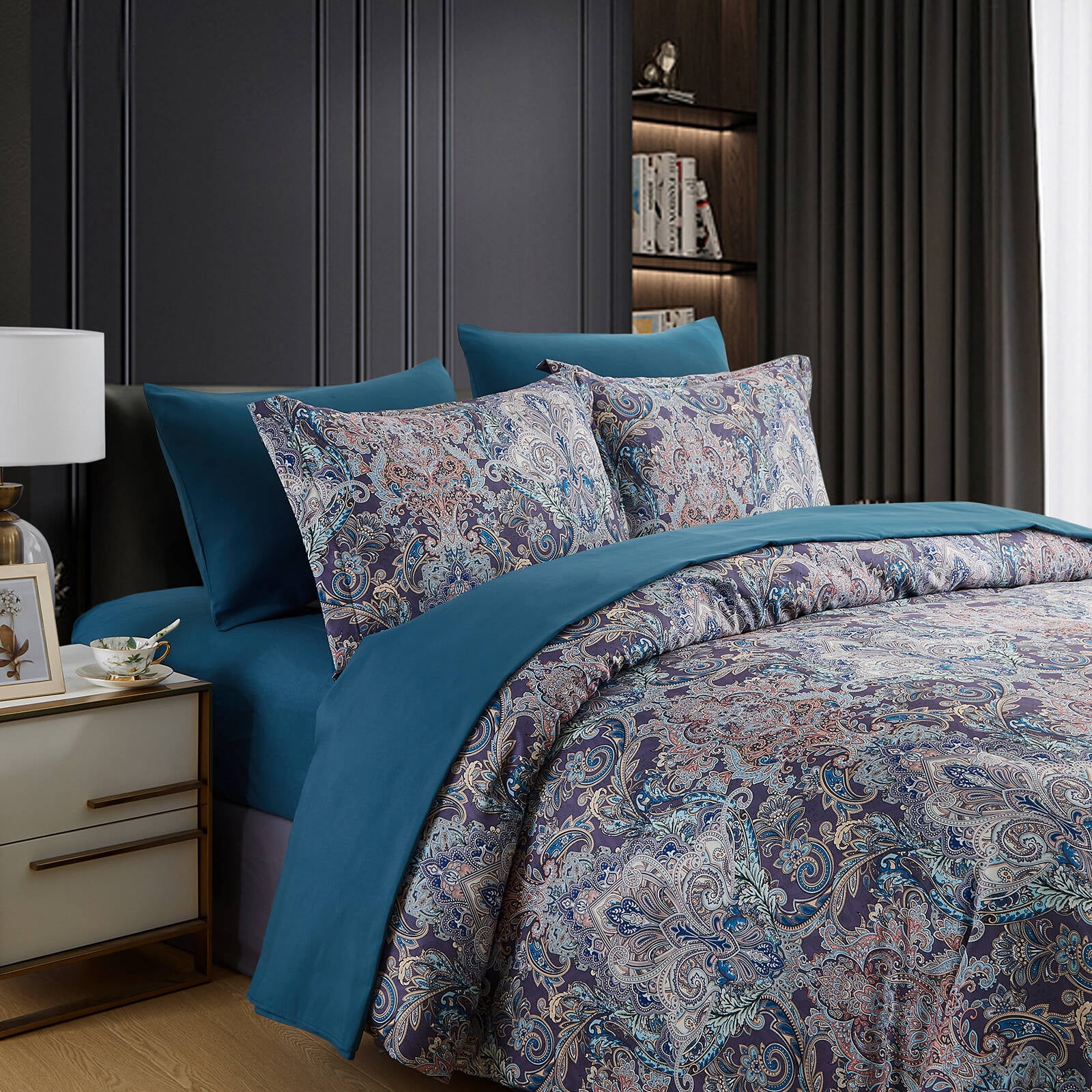 Wajade 7PCS Boho Paisley Print Luxury Comforter Bed in a Bag Set King Size, Vintage Floral Medallions Microfiber Bedding Set (1 Comforter,2 Pillow Shams,1 Flat Sheet,1 Fitted Sheet,2 Pillowcases)