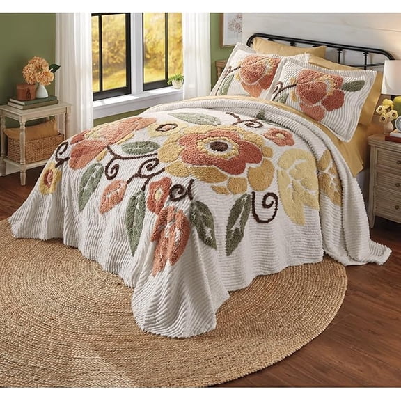 Autumnal Floral Chenille Bedspread - Cotton, Machine Washable, Fall Colors, Full