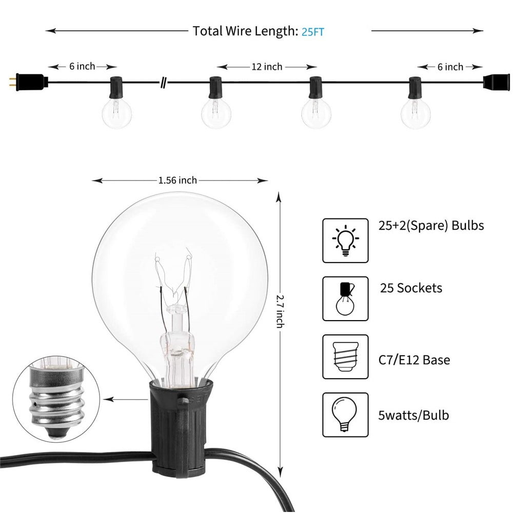 String Lights LINKPAL 25Ft 25 Bulbs G40 Globe String Lights with Bulbs-UL Listed for Indoor/Outdoor Commercial Decor