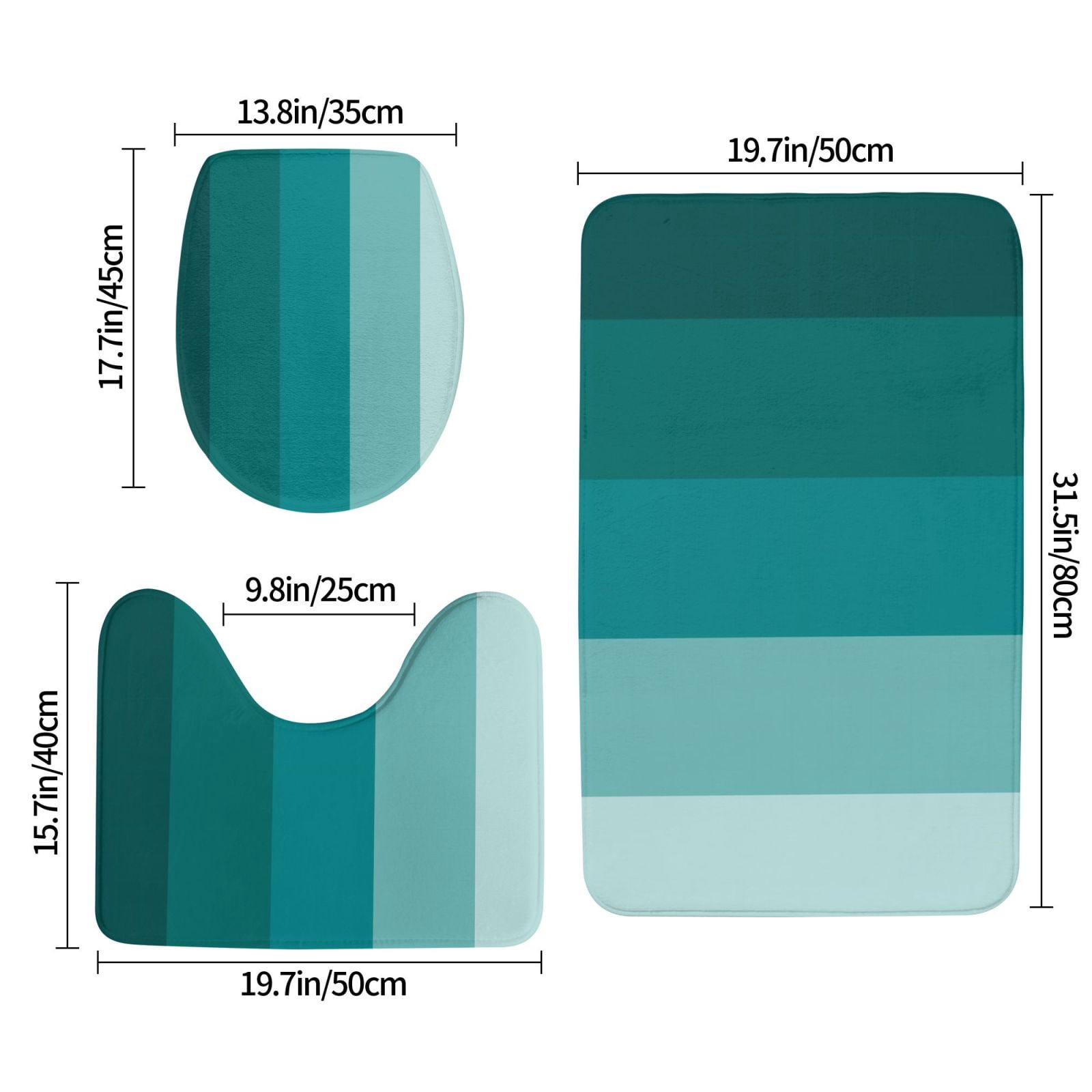 Bathroom Rugs Sets 3 Piece - Teal Color Absorbent Non Slip Bath Mats, U-Shape Toilet Lid Cover, Contour Mat, Soft Washable Shower Mats Bath Rug Mat for Bathroom Tub Toilet