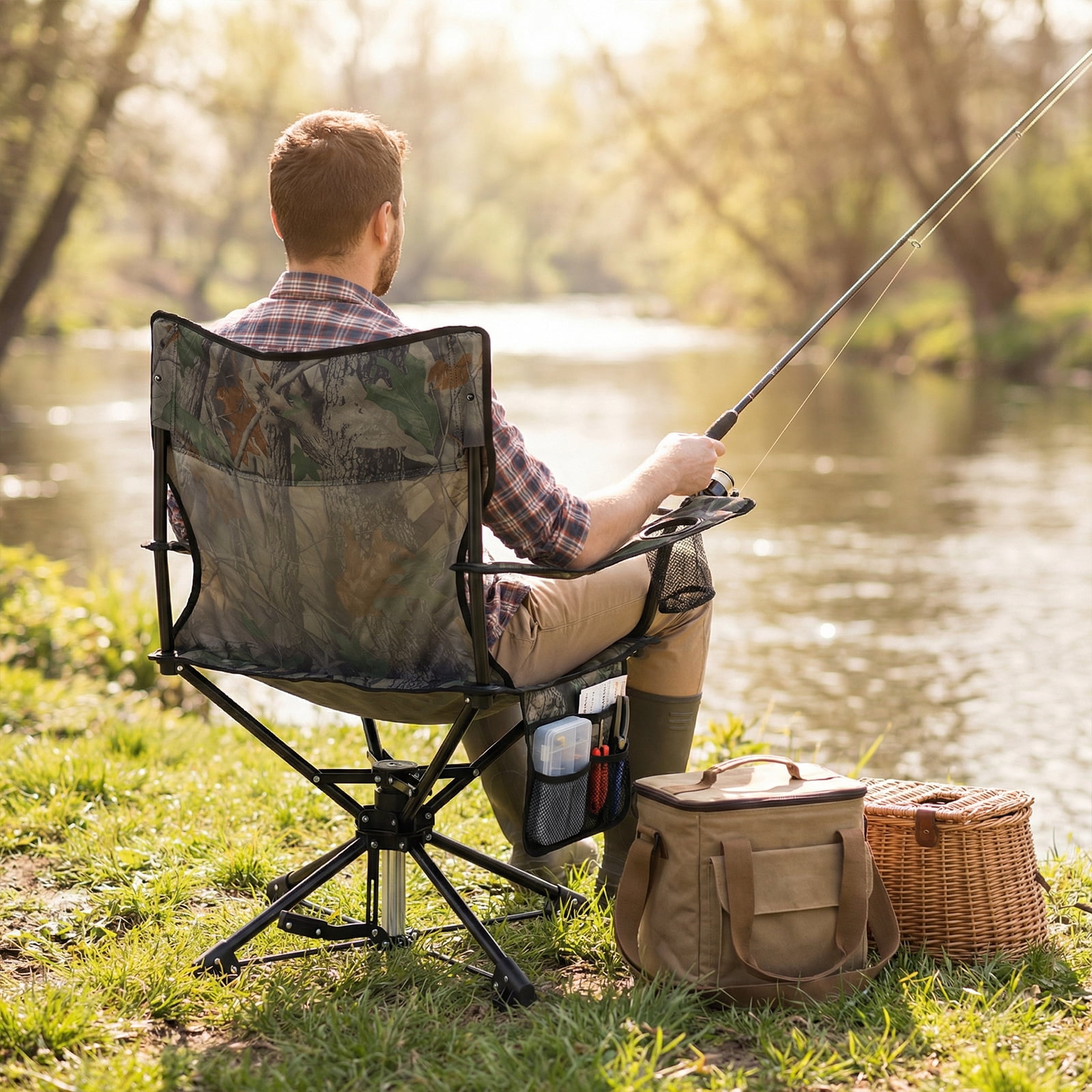 Goplus 1 PCS 360° Swivel Hunting Chair with Mesh Cup Holder & Storage Pockets Cozy Backrest Camouflage