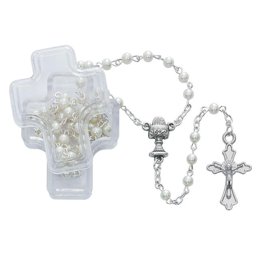 Seven Sorrows Of Mary Rosary Chaplet – White Glass Beads, Silver Tone Medals, 22 Inch Necklace, Catholic Jewelry Gift With Box