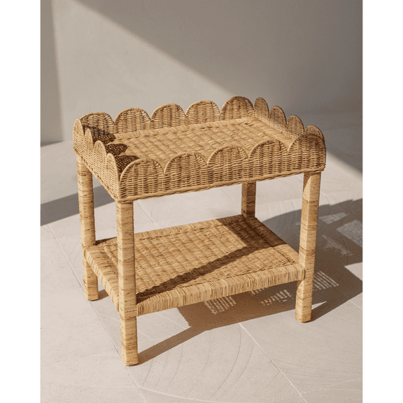 Scallop Rattan Side Table with Shelf Handwoven Wicker Weave Mahogany Frame Handmade Indoor Accent End Table