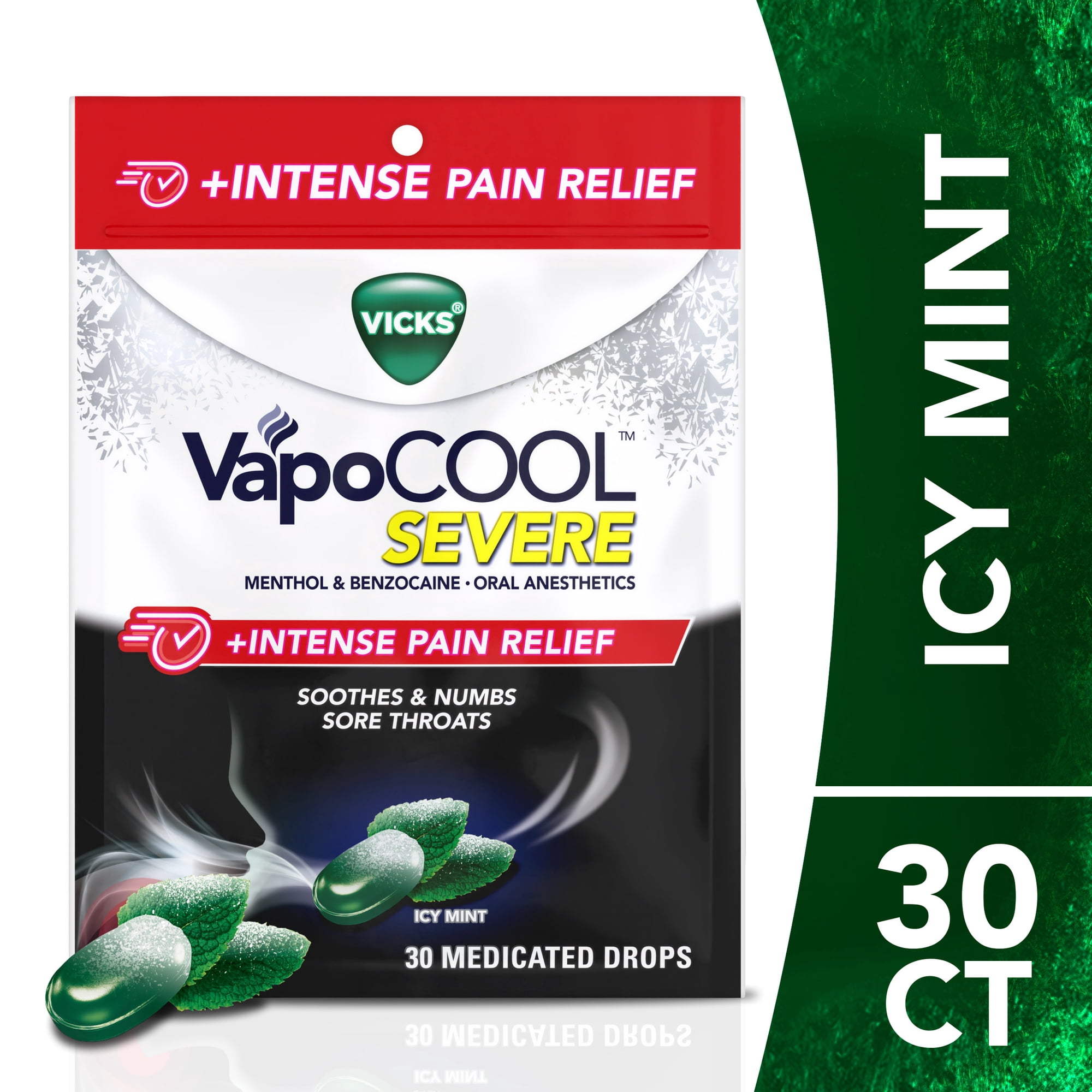 Vicks VapoCOOL SEVERE +Intense Pain Relief Menthol & Benzocaine Drops, Icy Mint, 30 count