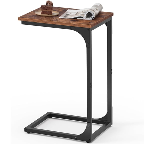 Melocadol C-Shaped End Table, C Shaped Under Couch Slider, Small Side Tables with Metal Frame, Adjustable Feet, for Living Room, Bedside, Sofa, TV Dinner, Recliner, Dark Brown