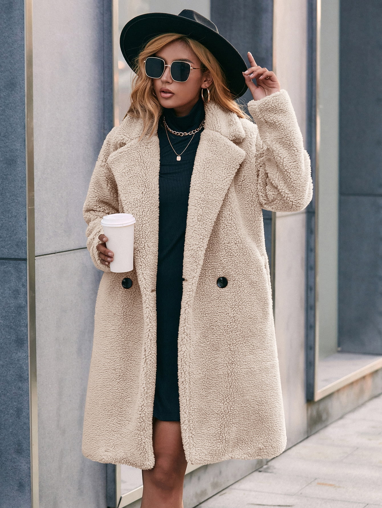 Women's Solid Lapel Neck Teddy Coat 