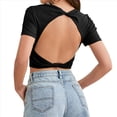 thumbnail image 3 of Tops Cortos de Verano para Mujer, de Corta, Cuello Redondo, Color Liso, de Punto Ajustado, Sin Espalda. Negro L, 3 of 10
