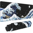 thumbnail image 1 of Japanese Blue and Black Sea Wave Mouse Pad Abstract Blue Desk Mat 31.5x11.8 Inch Sea Wave Texture Non-Slip Rubber Base Wave Mousepad Stitched Edges Keyboard Mouse Mat Desk Pad for Office Home Game, 1 of 5
