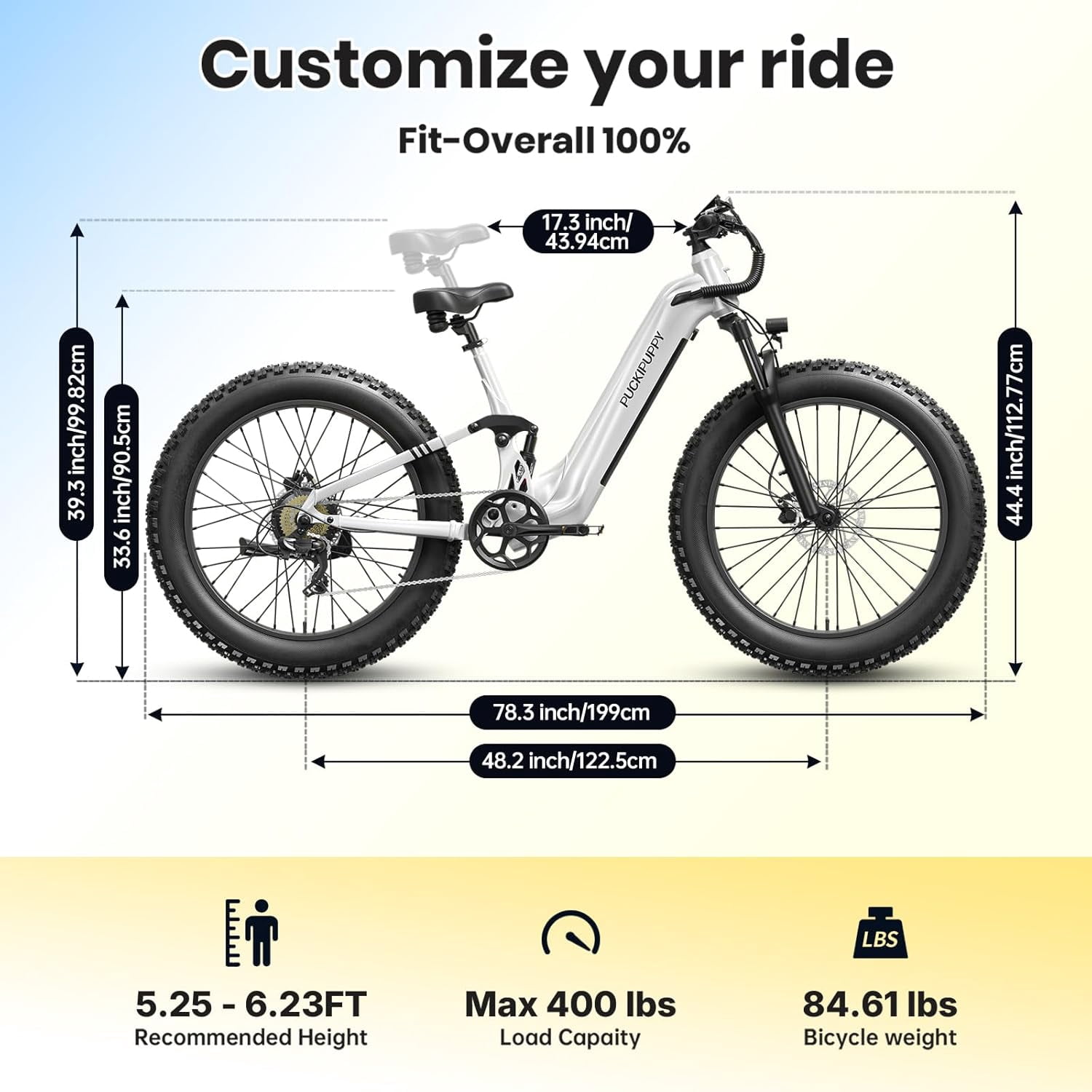 PUCKIPUPPY 26" Fat Tire Electric Bikes for Adults 28mph Top Speed 960W Peak 80Miles Max Range Full Suspension Step Through Ebike 48V 20AH Battery 7 Speed E-Mountain Bike, Comply with UL2849 By SGS