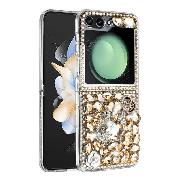 For Samsung Galaxy Z Flip 6 Bling Clear Crystal 3D Full Diamonds Luxury Sparkle Rhinestone Hybrid Bumper Cover ,Xpm Phone Case [ Gold Swan Crown Pearl ]