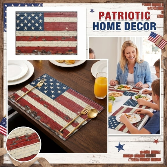 Vintage American Flag Placemats, Patriotic Brick Wall Style Table Mats, Heat‑Resistant Woven Place Mats for 4th of July Home Decor,12x18 In,Memorial Day for Home Kitchen Dining Party